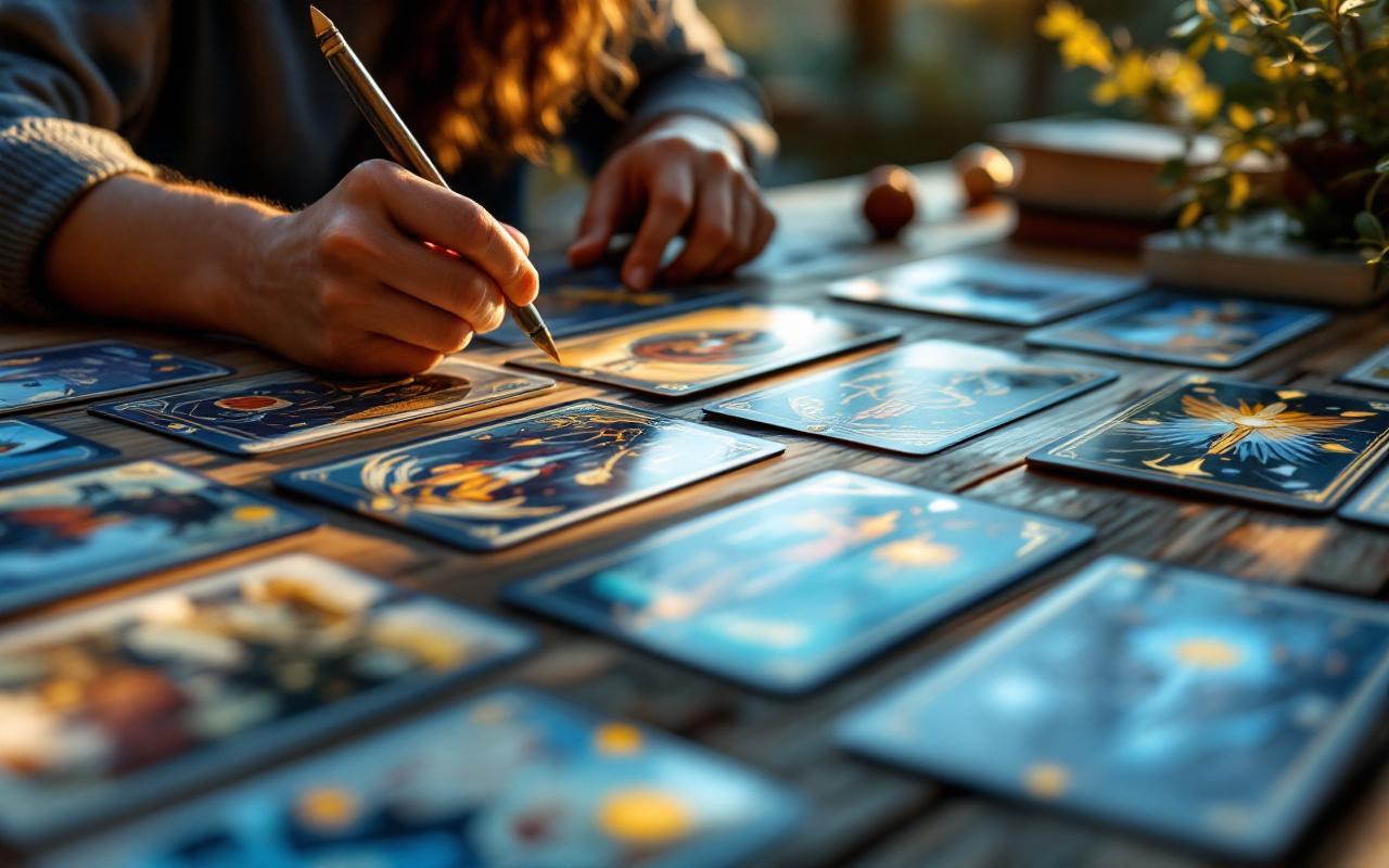 Débutant étudiant le Tarot de Marseille, les arcanes majeurs et mineurs disposés en rangées sur une table en bois, personne concentrée, ambiance photo réaliste et naturelle avec lumière volumétrique douce, tons terreux et bleu profond dominants.
