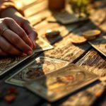 Cartes du Tarot de Marseille étalées sur une table en bois vieillie, une main tire une carte, lumière chaude de coucher de soleil avec rayons volumétriques, tons bruns et dorés, ambiance réaliste et intimiste