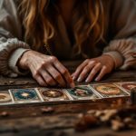 Femme tirant des cartes d'oracle sur une table en bois, bougies allumées autour, ambiance chaleureuse et intime, lumière douce des bougies illuminant ses mains et les cartes