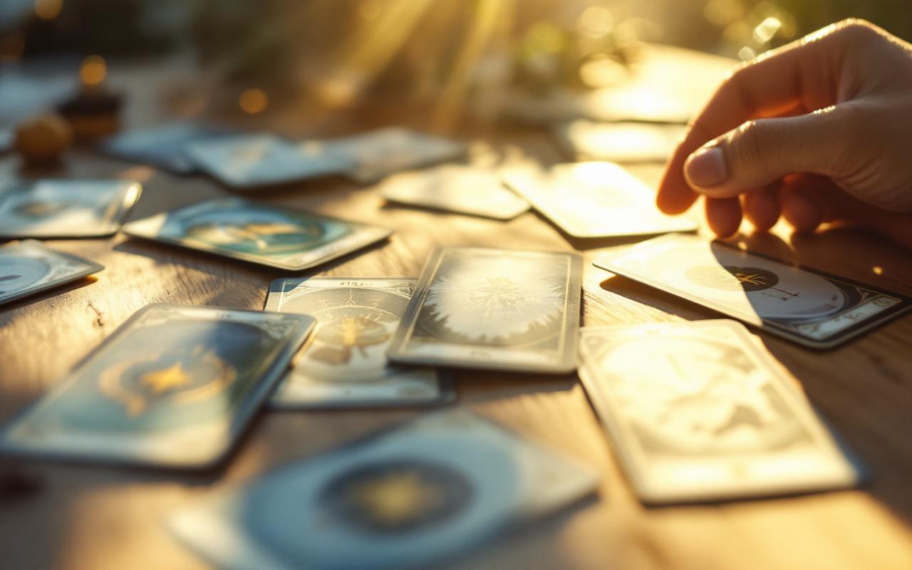 Gros plan de cartes oracle étalées sur une table en bois, baignées d'une douce lumière spirituelle dorée et volumétrique, arrière-plan flou, textures fines des cartes visibles, mains naturelles touchant délicatement une carte.