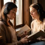 Une femme écoute un livre audio au casque dans une ambiance calme, près d’une fenêtre, avec une lumière douce et chaleureuse créant une atmosphère introspective.