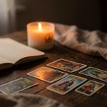 Carnet ouvert sur une table en bois, bougie douce allumée et cartes de voyance disposées avec soin, ambiance intime et apaisante.