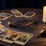 Table élégante présentant des cartes illustrées, un pendule en laiton, une carte céleste circulaire et une bougie allumée dans une ambiance mystique douce.