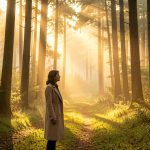 Une femme contemple deux chemins lumineux dans une forêt paisible au lever du soleil.