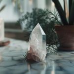 Pierres de bien-être disposées sur une table en bois avec une bougie et des plantes